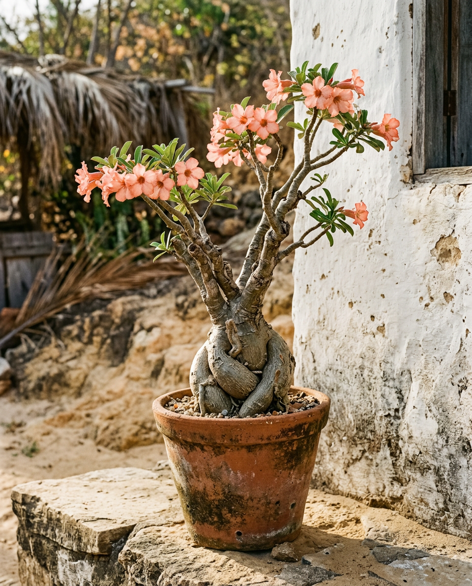 Adenium, rosa do deserto, sob uma luz dourada